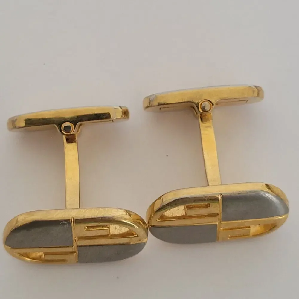 Givenchy Cufflinks Set Gold Silver Black Tone Oval Logo Vintage Geometric